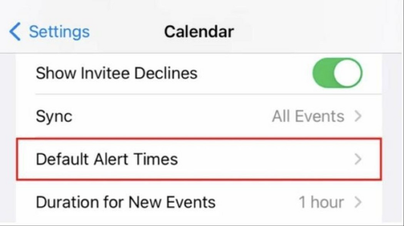 Trong Calendar sẽ thấy phần Default Alert Times (Thời gian thông báo mặc định), khi nhấn vào đây hệ thống hiện danh sách gồm Birthday (Sinh nhật), Events (Sự kiện) và All-day Events (Sự kiện cả ngày)